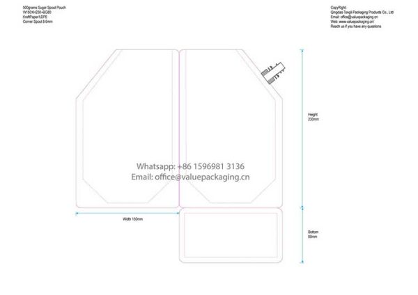 Bag dimension for recyclable kraft paper spout pouch 500 grams sugar ...