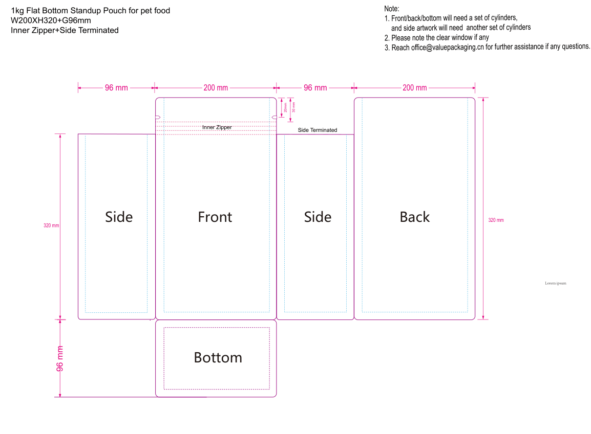 Design Template 1kg bottom bag for pet food W200xH320+Gusset96+Flat Bottom