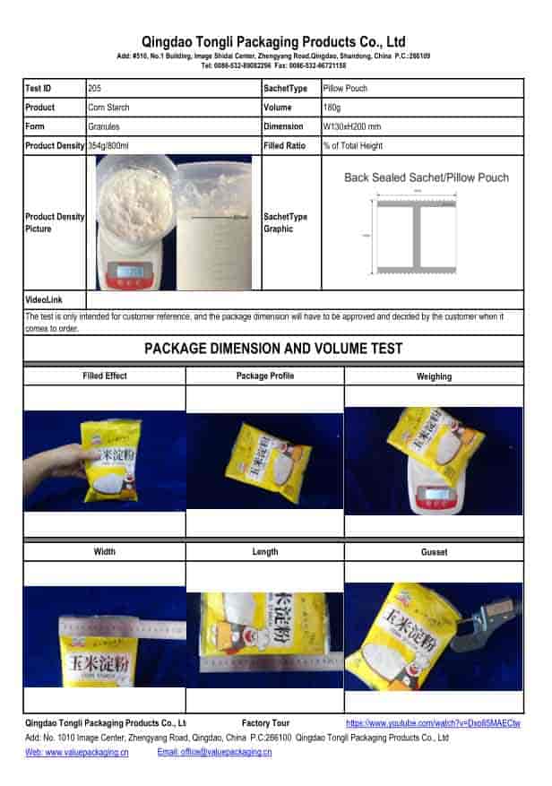 180-gram corn starch poly sachet pouch Dimension Test