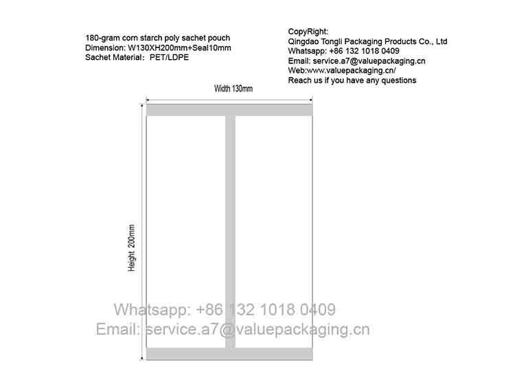 180-gram corn starch poly sachet pouch Package Dimension
