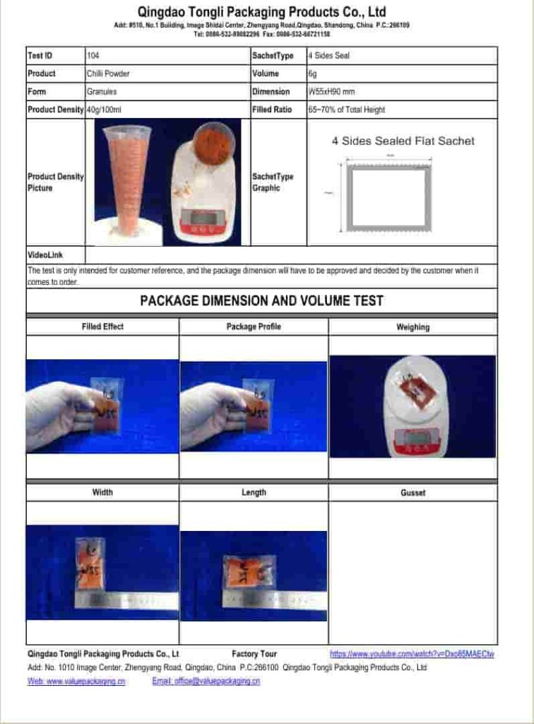 Dimension-Test-Report-6grams-hot-chilli-powder-recipe-sachet-pouch-package