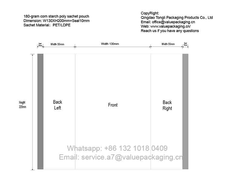 Template-Dieline-180-gram corn starch poly sachet pouch W130XH200+BackSeal10mm