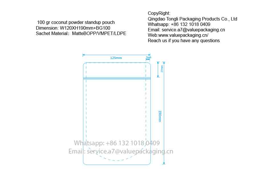 The dimension of 100 gr coconut powder standup pouch