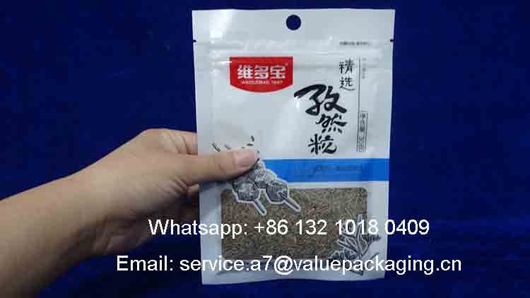 the filled level of 30 grams cumin granules flat zipperlock bag pouch